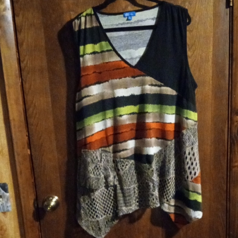 Sleeveless V-Neck Striped Tank Top in Black, Orange & Lime